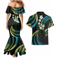 Hawaii Map Kanaka Maoli Couples Matching Mermaid Dress and Hawaiian Shirt Fantastic Frangipani Chartreuse Cyan LT01 - Polynesian Pride