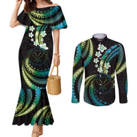 Hawaii Map Kanaka Maoli Couples Matching Mermaid Dress and Long Sleeve Button Shirt Fantastic Frangipani Chartreuse Cyan LT01 Cyan - Polynesian Pride
