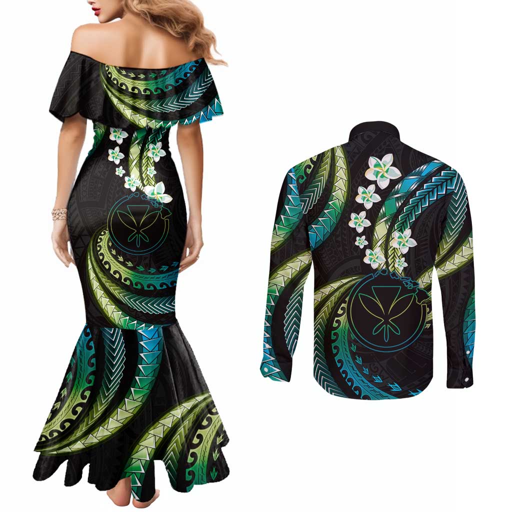 Hawaii Map Kanaka Maoli Couples Matching Mermaid Dress and Long Sleeve Button Shirt Fantastic Frangipani Chartreuse Cyan LT01 - Polynesian Pride