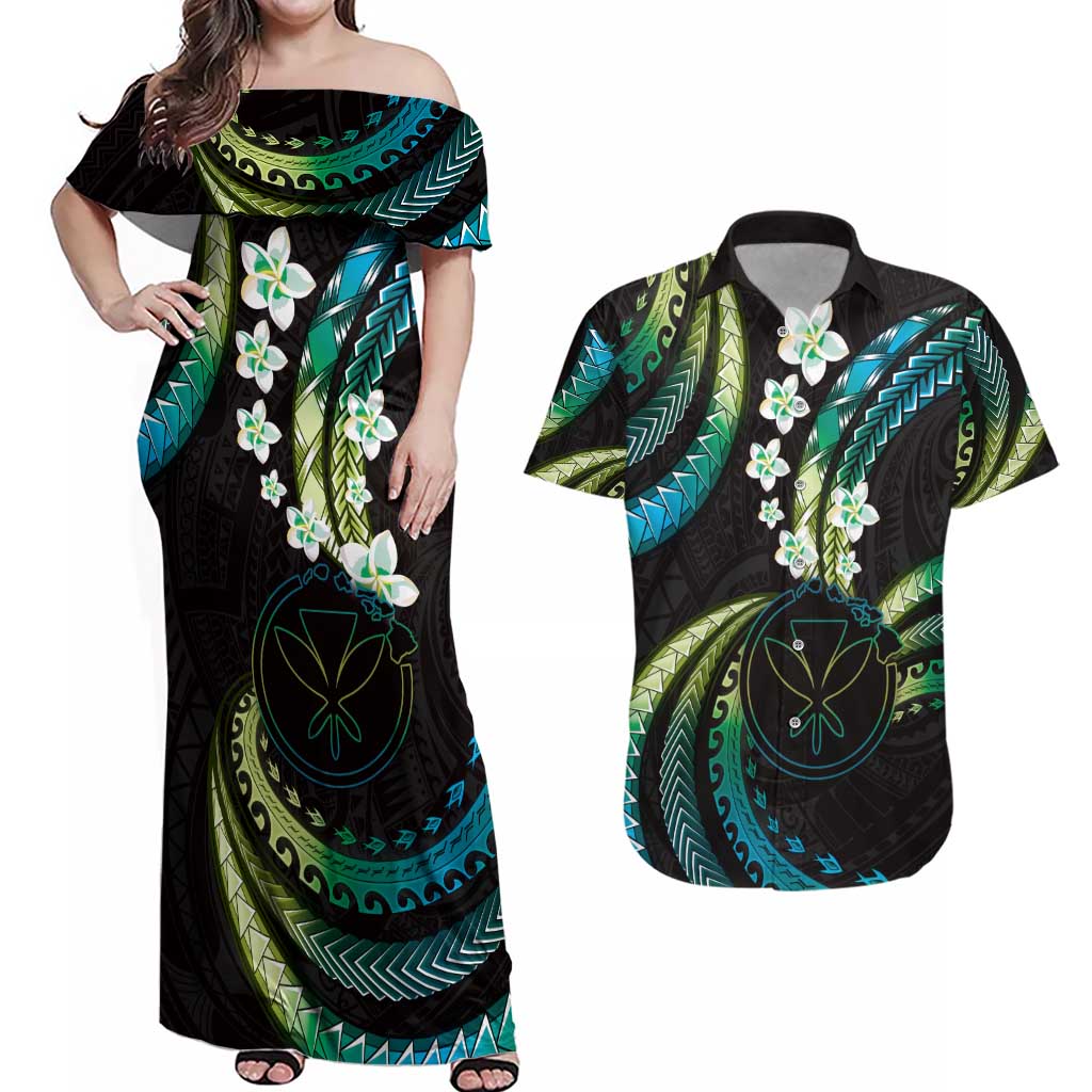 Hawaii Map Kanaka Maoli Couples Matching Off Shoulder Maxi Dress and Hawaiian Shirt Fantastic Frangipani Chartreuse Cyan