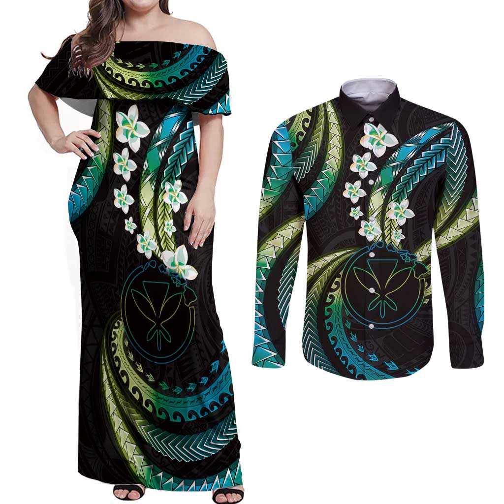 Hawaii Map Kanaka Maoli Couples Matching Off Shoulder Maxi Dress and Long Sleeve Button Shirt Fantastic Frangipani Chartreuse Cyan LT01 Cyan - Polynesian Pride