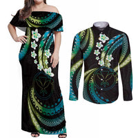 Hawaii Map Kanaka Maoli Couples Matching Off Shoulder Maxi Dress and Long Sleeve Button Shirt Fantastic Frangipani Chartreuse Cyan LT01 Cyan - Polynesian Pride