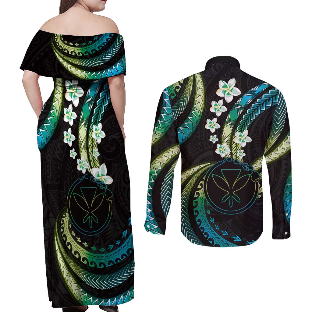 Hawaii Map Kanaka Maoli Couples Matching Off Shoulder Maxi Dress and Long Sleeve Button Shirt Fantastic Frangipani Chartreuse Cyan LT01 - Polynesian Pride