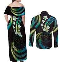 Hawaii Map Kanaka Maoli Couples Matching Off Shoulder Maxi Dress and Long Sleeve Button Shirt Fantastic Frangipani Chartreuse Cyan LT01 - Polynesian Pride
