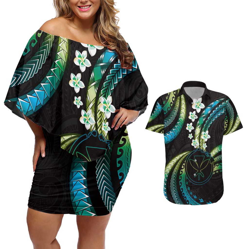 Hawaii Map Kanaka Maoli Couples Matching Off Shoulder Short Dress and Hawaiian Shirt Fantastic Frangipani Chartreuse Cyan LT01 Cyan - Polynesian Pride