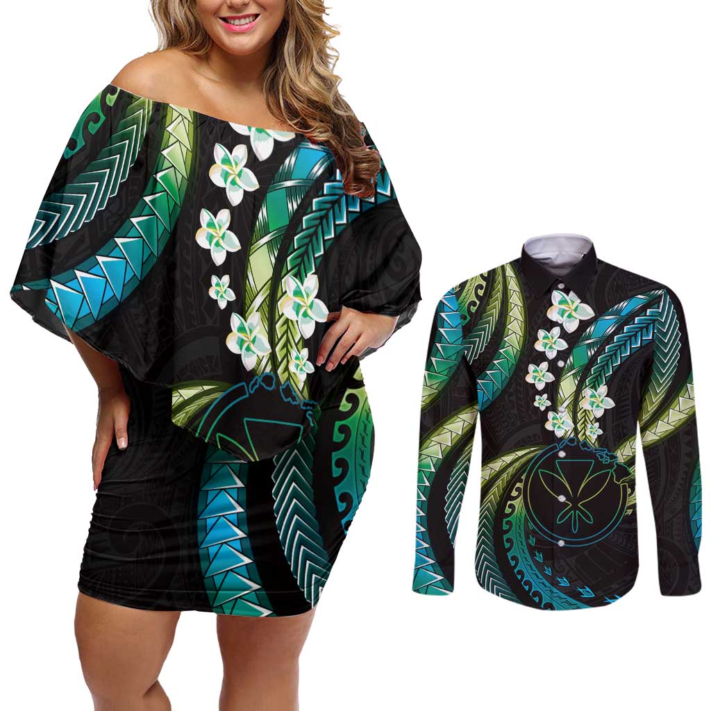Hawaii Map Kanaka Maoli Couples Matching Off Shoulder Short Dress and Long Sleeve Button Shirt Fantastic Frangipani Chartreuse Cyan LT01 Cyan - Polynesian Pride