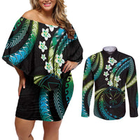 Hawaii Map Kanaka Maoli Couples Matching Off Shoulder Short Dress and Long Sleeve Button Shirt Fantastic Frangipani Chartreuse Cyan LT01 Cyan - Polynesian Pride