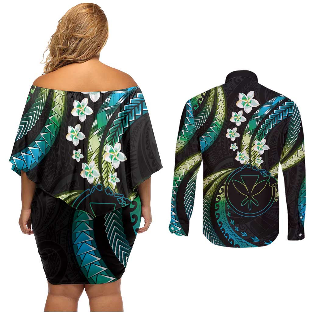 Hawaii Map Kanaka Maoli Couples Matching Off Shoulder Short Dress and Long Sleeve Button Shirt Fantastic Frangipani Chartreuse Cyan LT01 - Polynesian Pride