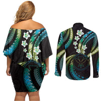 Hawaii Map Kanaka Maoli Couples Matching Off Shoulder Short Dress and Long Sleeve Button Shirt Fantastic Frangipani Chartreuse Cyan LT01 - Polynesian Pride