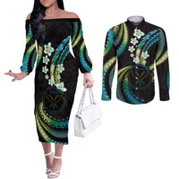 Hawaii Map Kanaka Maoli Couples Matching Off The Shoulder Long Sleeve Dress and Long Sleeve Button Shirt Fantastic Frangipani Chartreuse Cyan LT01 Cyan - Polynesian Pride