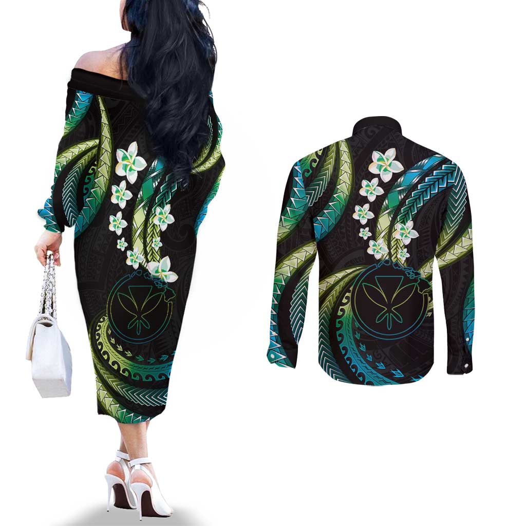 Hawaii Map Kanaka Maoli Couples Matching Off The Shoulder Long Sleeve Dress and Long Sleeve Button Shirt Fantastic Frangipani Chartreuse Cyan LT01 - Polynesian Pride