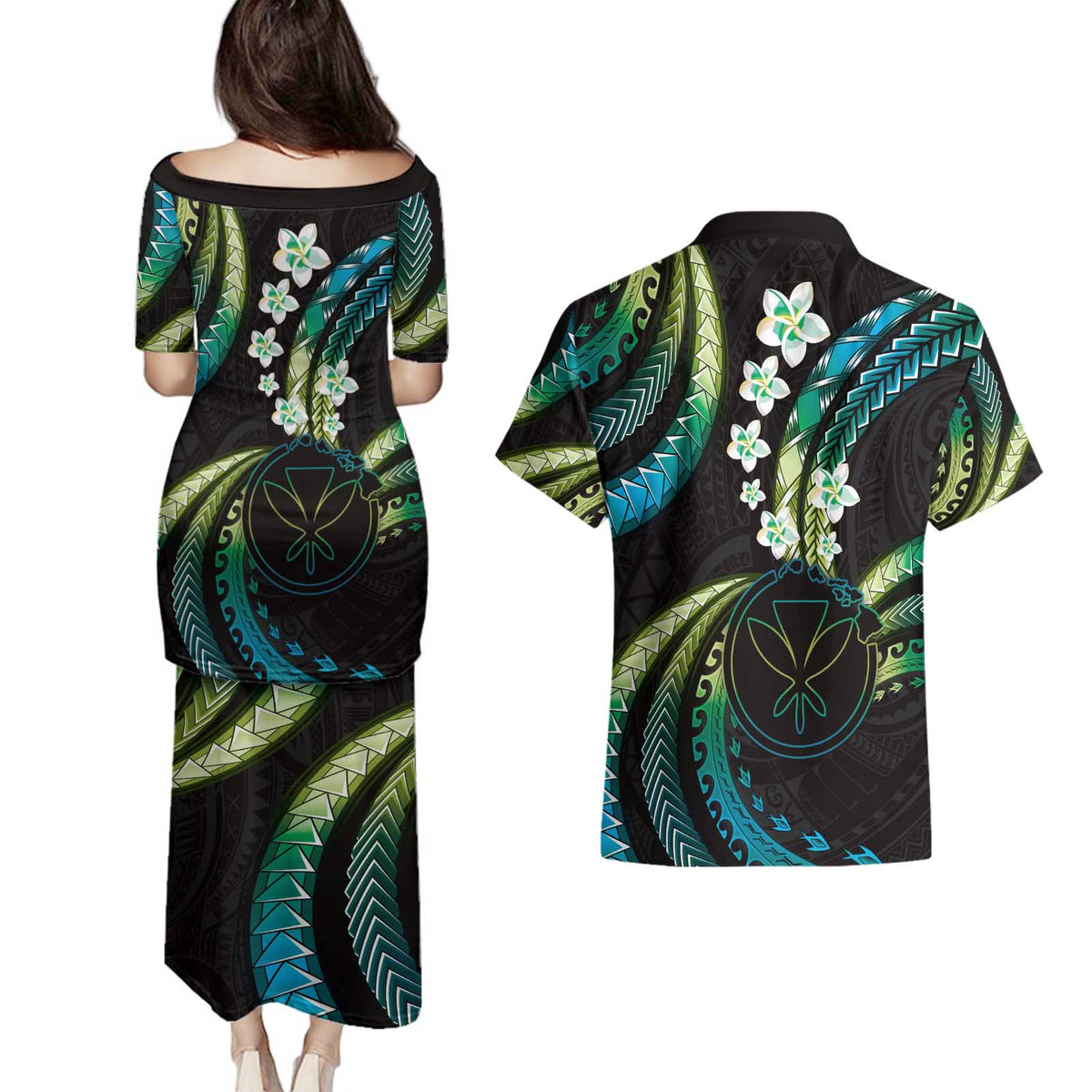 Hawaii Map Kanaka Maoli Couples Matching Puletasi and Hawaiian Shirt Fantastic Frangipani Chartreuse Cyan LT01 - Polynesian Pride