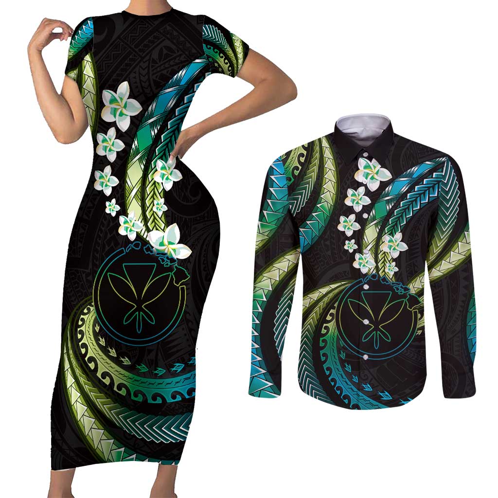 Hawaii Map Kanaka Maoli Couples Matching Short Sleeve Bodycon Dress and Long Sleeve Button Shirt Fantastic Frangipani Chartreuse Cyan LT01 Cyan - Polynesian Pride