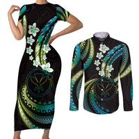 Hawaii Map Kanaka Maoli Couples Matching Short Sleeve Bodycon Dress and Long Sleeve Button Shirt Fantastic Frangipani Chartreuse Cyan LT01 Cyan - Polynesian Pride