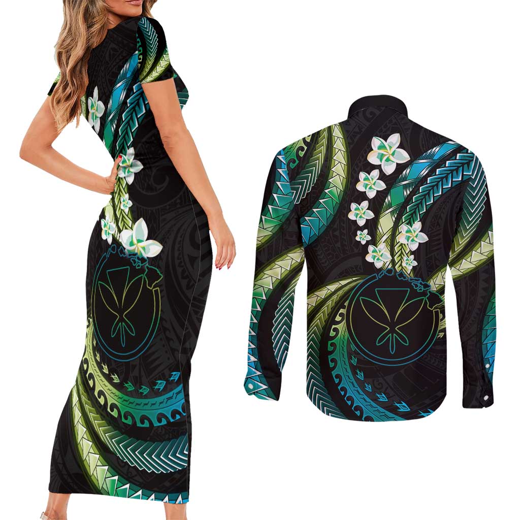Hawaii Map Kanaka Maoli Couples Matching Short Sleeve Bodycon Dress and Long Sleeve Button Shirt Fantastic Frangipani Chartreuse Cyan LT01 - Polynesian Pride