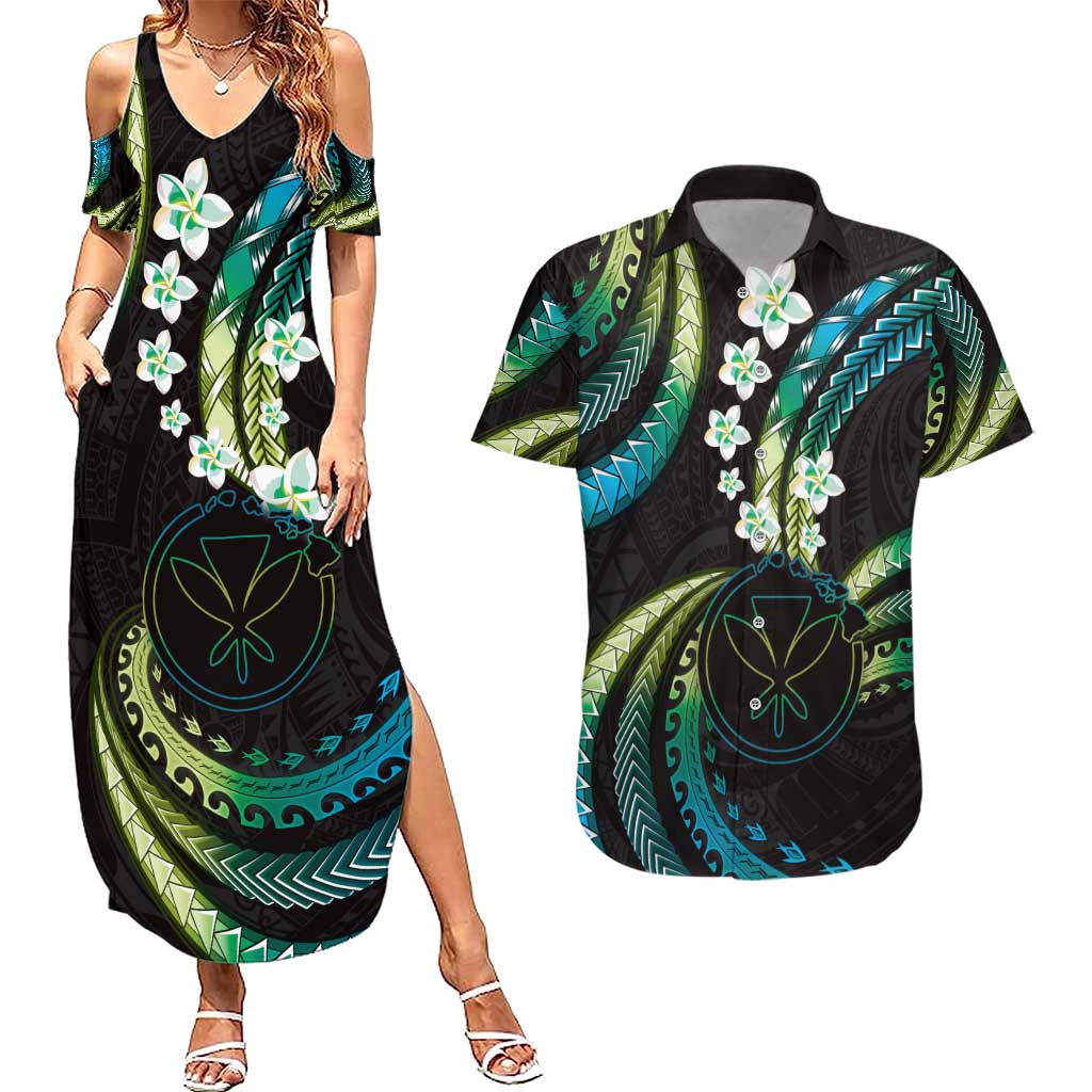 Hawaii Map Kanaka Maoli Couples Matching Summer Maxi Dress and Hawaiian Shirt Fantastic Frangipani Chartreuse Cyan