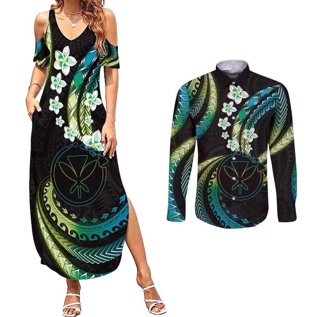 Hawaii Map Kanaka Maoli Couples Matching Summer Maxi Dress and Long Sleeve Button Shirt Fantastic Frangipani Chartreuse Cyan LT01 Cyan - Polynesian Pride