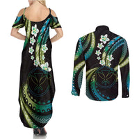 Hawaii Map Kanaka Maoli Couples Matching Summer Maxi Dress and Long Sleeve Button Shirt Fantastic Frangipani Chartreuse Cyan LT01 - Polynesian Pride