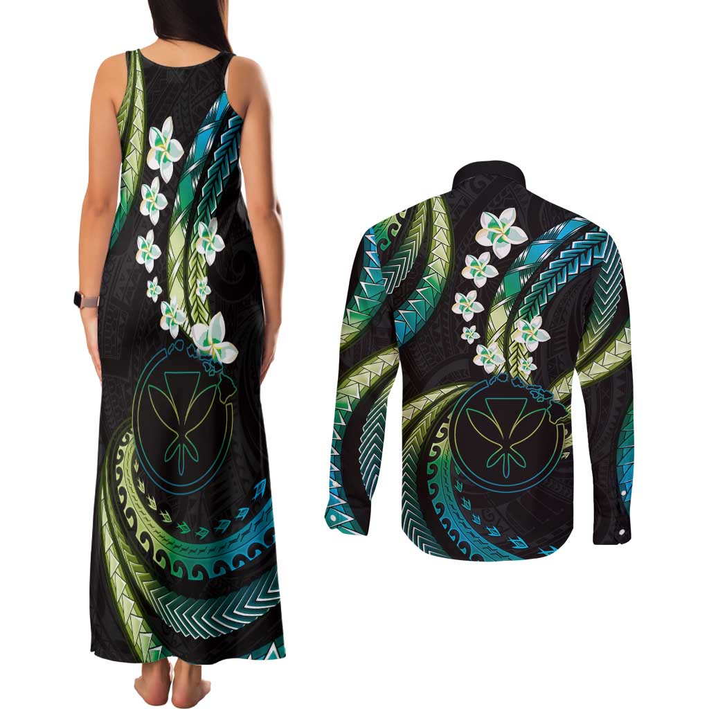 Hawaii Map Kanaka Maoli Couples Matching Tank Maxi Dress and Long Sleeve Button Shirt Fantastic Frangipani Chartreuse Cyan LT01 - Polynesian Pride
