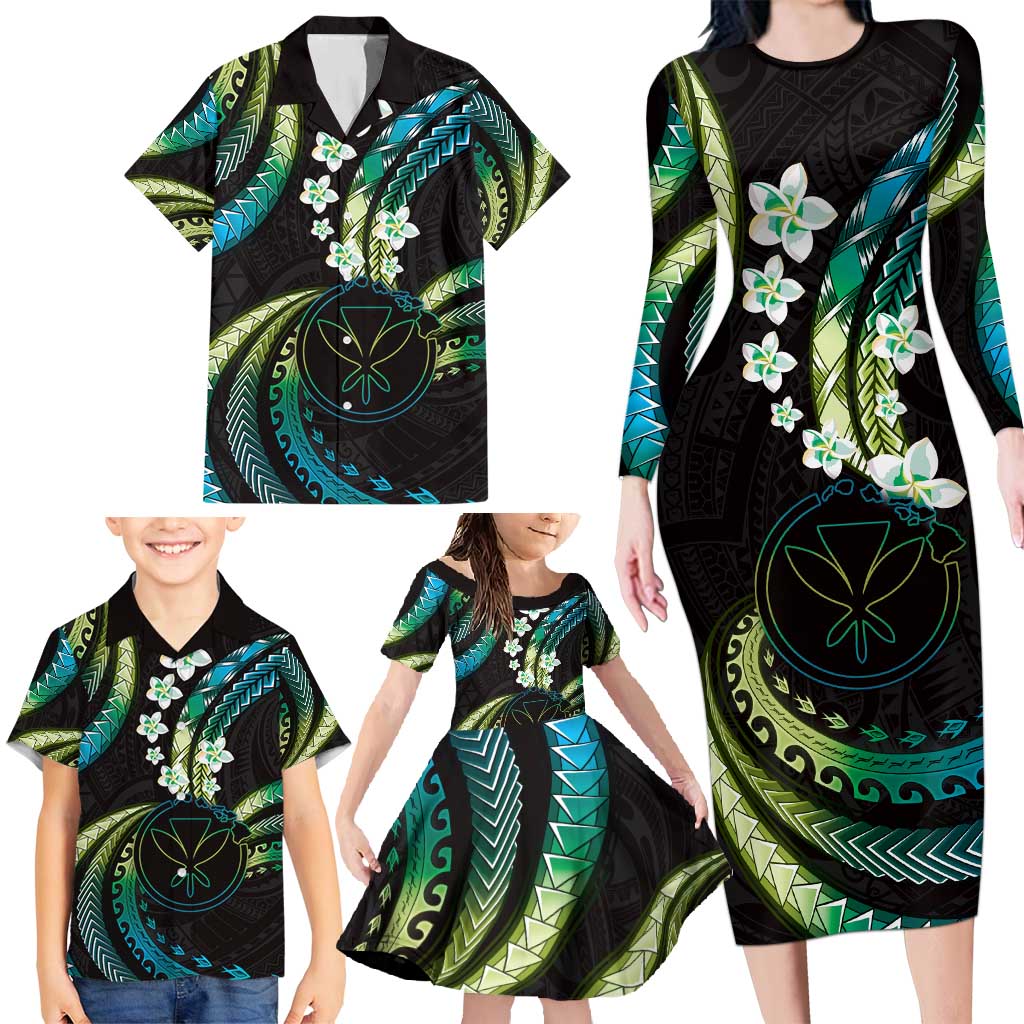 Hawaii Map Kanaka Maoli Family Matching Long Sleeve Bodycon Dress and Hawaiian Shirt Fantastic Frangipani Chartreuse Cyan LT01 - Polynesian Pride