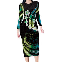 Hawaii Map Kanaka Maoli Family Matching Long Sleeve Bodycon Dress and Hawaiian Shirt Fantastic Frangipani Chartreuse Cyan LT01 Mom's Dress Cyan - Polynesian Pride