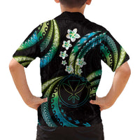 Hawaii Map Kanaka Maoli Family Matching Off The Shoulder Long Sleeve Dress and Hawaiian Shirt Fantastic Frangipani Chartreuse Cyan LT01 - Polynesian Pride