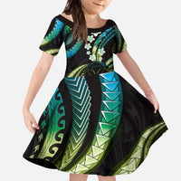 Hawaii Map Kanaka Maoli Family Matching Off The Shoulder Long Sleeve Dress and Hawaiian Shirt Fantastic Frangipani Chartreuse Cyan LT01 Daughter's Dress Cyan - Polynesian Pride