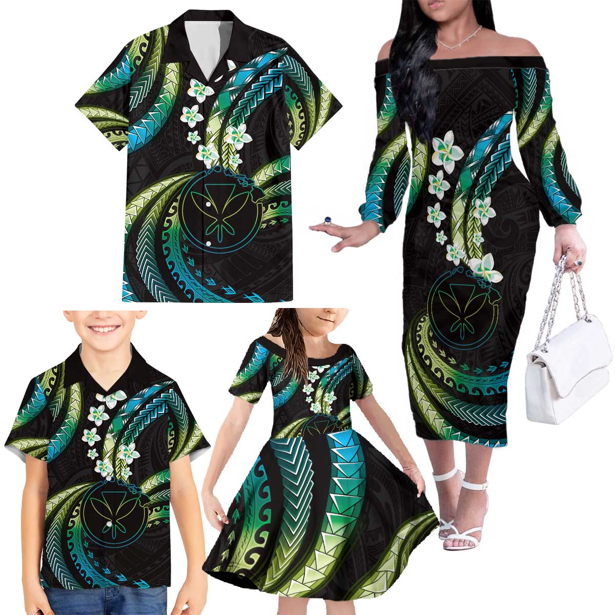 Hawaii Map Kanaka Maoli Family Matching Off The Shoulder Long Sleeve Dress and Hawaiian Shirt Fantastic Frangipani Chartreuse Cyan LT01 - Polynesian Pride