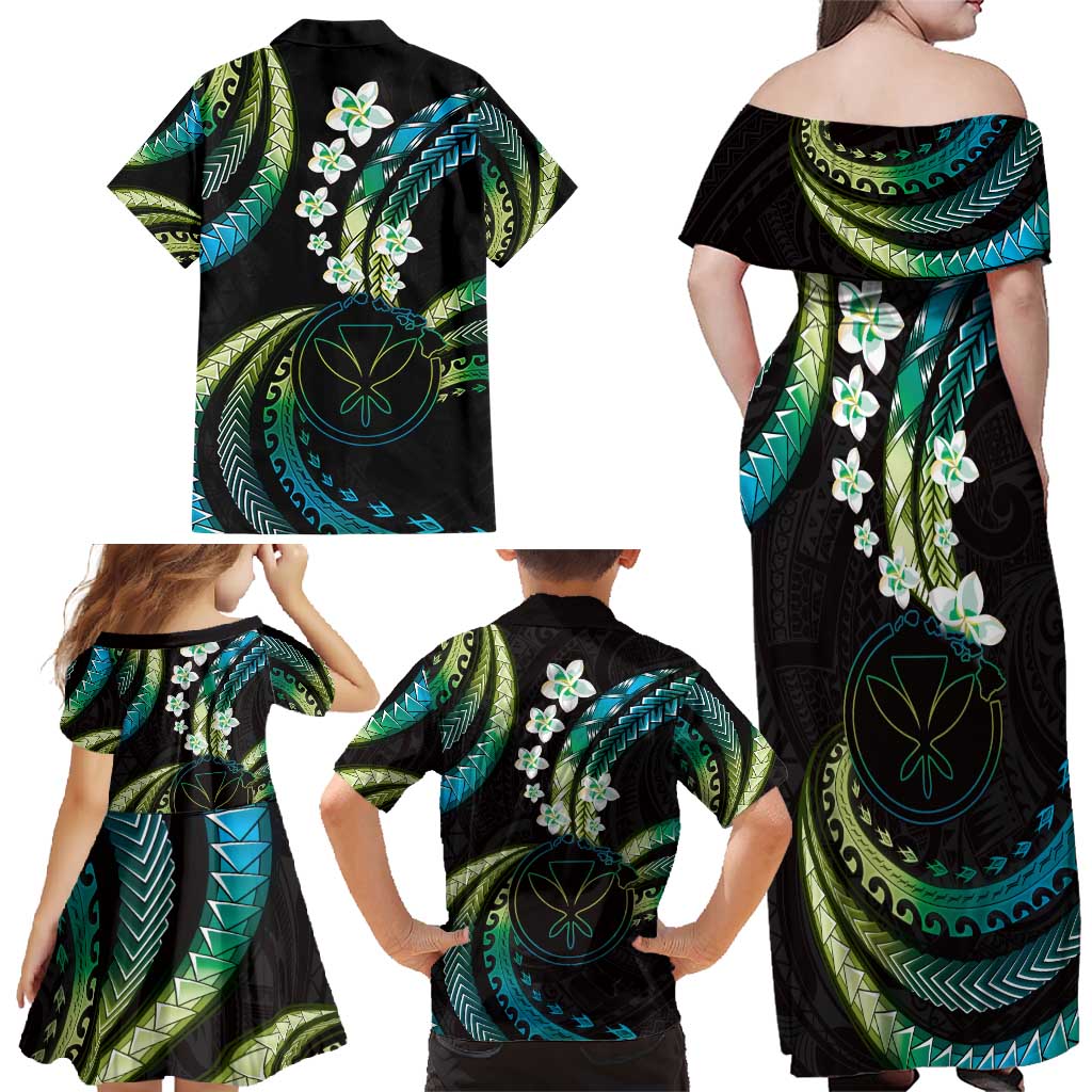 Hawaii Map Kanaka Maoli Family Matching Off Shoulder Maxi Dress and Hawaiian Shirt Fantastic Frangipani Chartreuse Cyan LT01 - Polynesian Pride