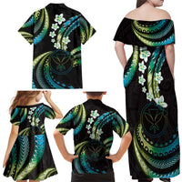 Hawaii Map Kanaka Maoli Family Matching Off Shoulder Maxi Dress and Hawaiian Shirt Fantastic Frangipani Chartreuse Cyan LT01 - Polynesian Pride