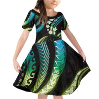 Hawaii Map Kanaka Maoli Family Matching Off Shoulder Short Dress and Hawaiian Shirt Fantastic Frangipani Chartreuse Cyan LT01 Daughter's Dress Cyan - Polynesian Pride