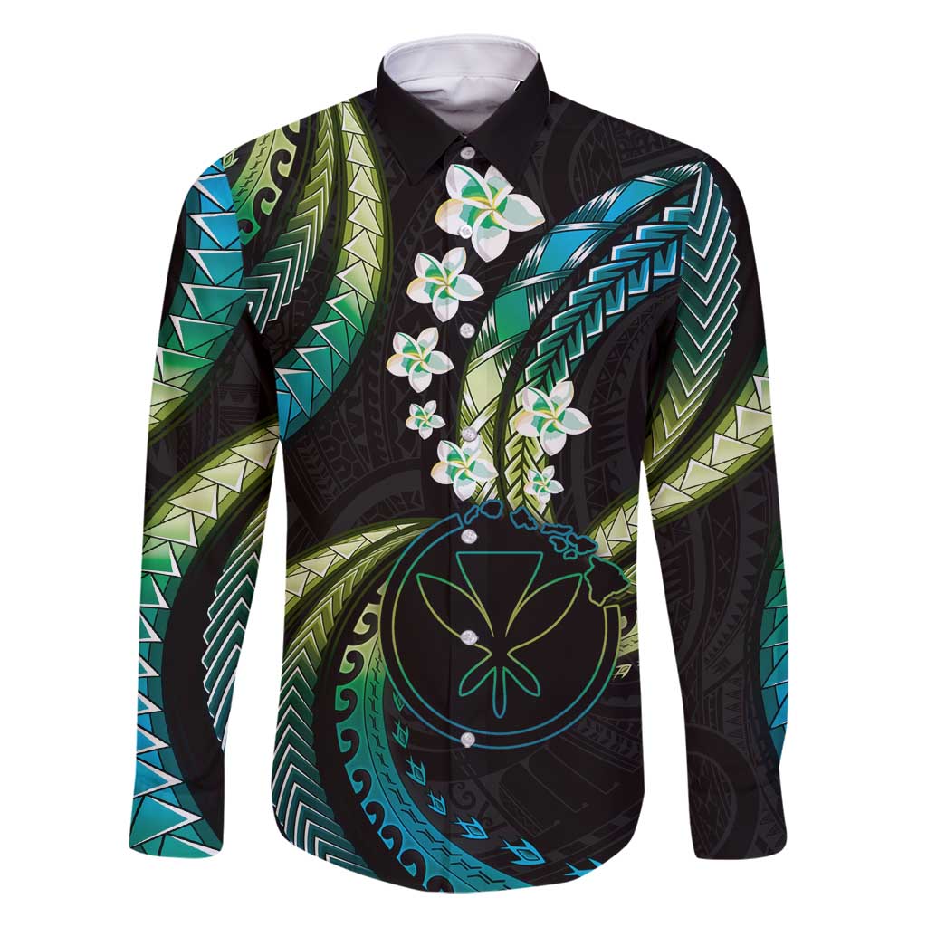 Hawaii Map Kanaka Maoli Family Matching Off Shoulder Short Dress and Hawaiian Shirt Fantastic Frangipani Chartreuse Cyan LT01 Dad's Shirt - Long Sleeve Cyan - Polynesian Pride