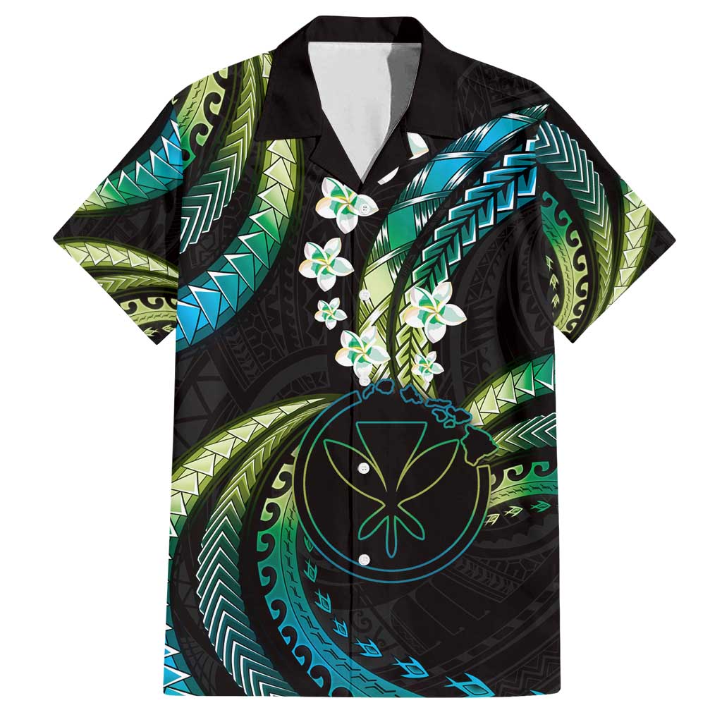 Hawaii Map Kanaka Maoli Family Matching Puletasi and Hawaiian Shirt Fantastic Frangipani Chartreuse Cyan LT01 Dad's Shirt - Short Sleeve Cyan - Polynesian Pride