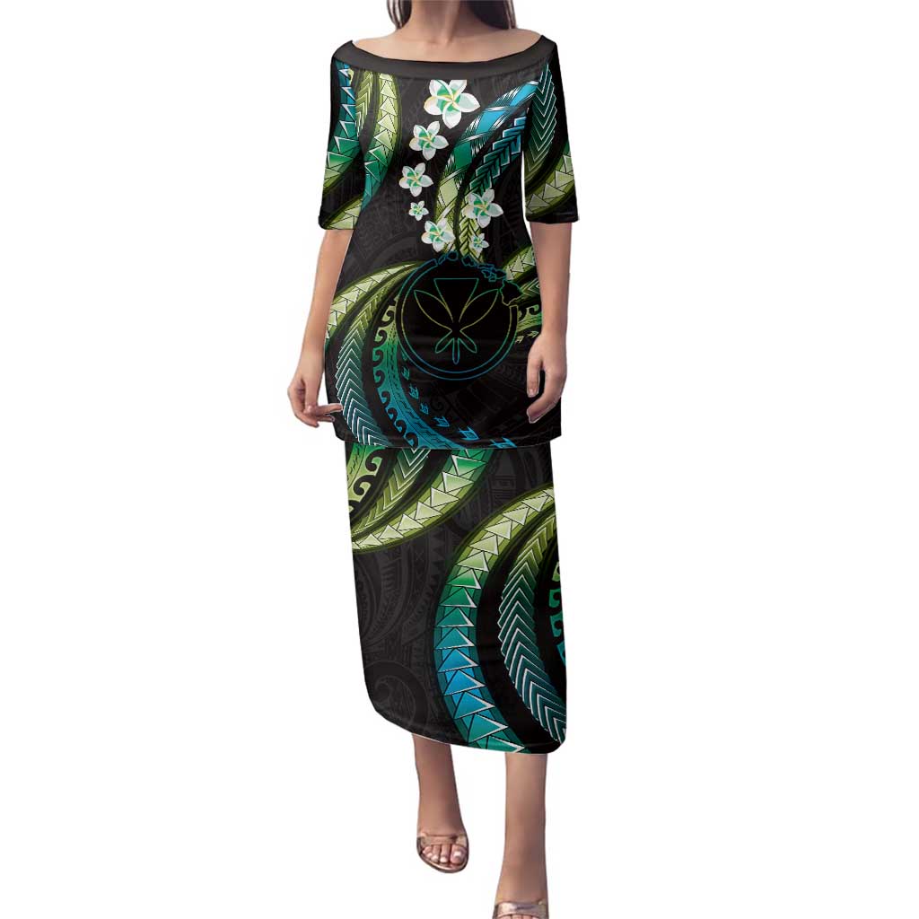 Hawaii Map Kanaka Maoli Family Matching Puletasi and Hawaiian Shirt Fantastic Frangipani Chartreuse Cyan LT01 Mom's Dress Cyan - Polynesian Pride