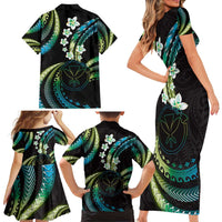 Hawaii Map Kanaka Maoli Family Matching Short Sleeve Bodycon Dress and Hawaiian Shirt Fantastic Frangipani Chartreuse Cyan LT01 - Polynesian Pride