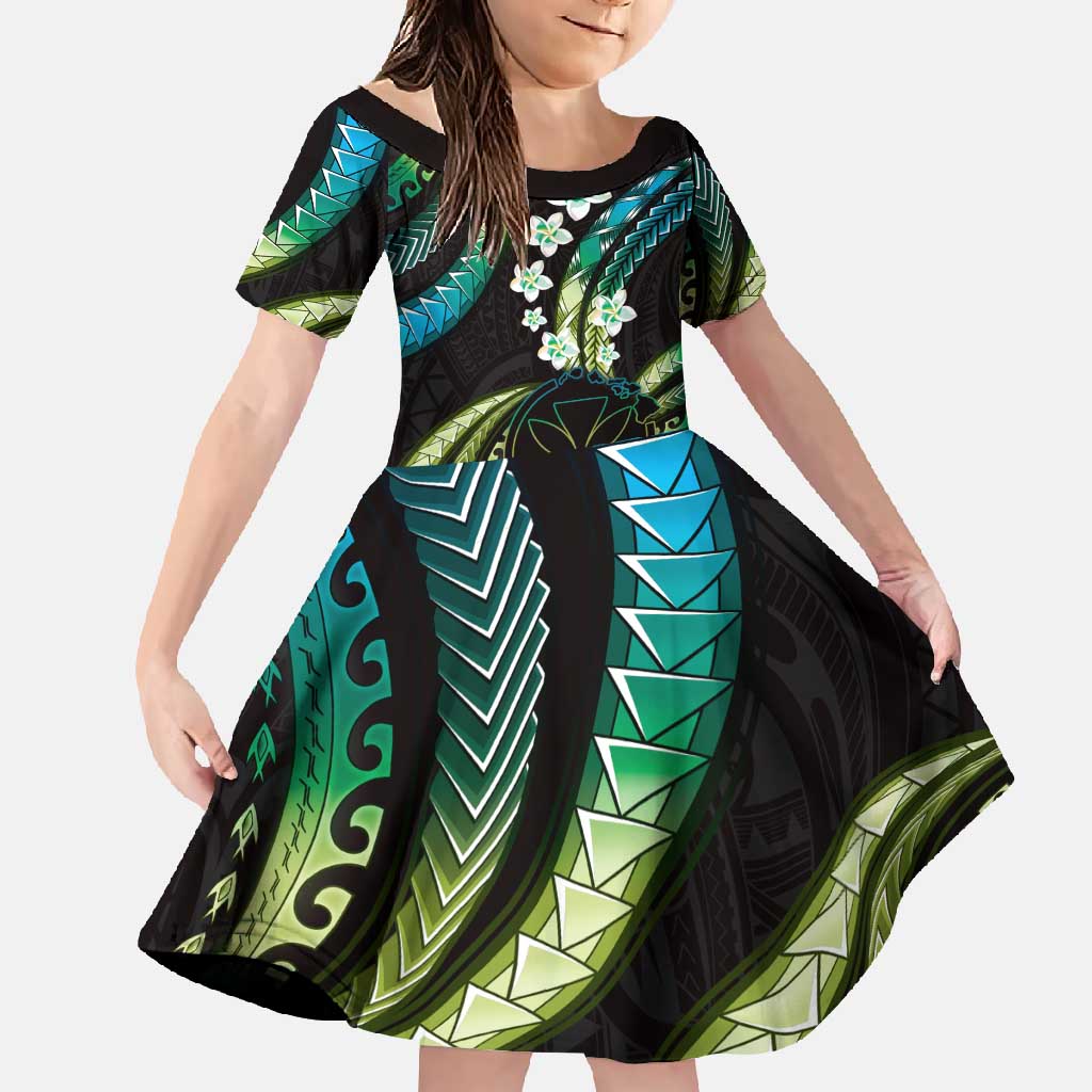 Hawaii Map Kanaka Maoli Family Matching Summer Maxi Dress and Hawaiian Shirt Fantastic Frangipani Chartreuse Cyan LT01 Daughter's Dress Cyan - Polynesian Pride