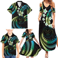 Hawaii Map Kanaka Maoli Family Matching Summer Maxi Dress and Hawaiian Shirt Fantastic Frangipani Chartreuse Cyan LT01 - Polynesian Pride