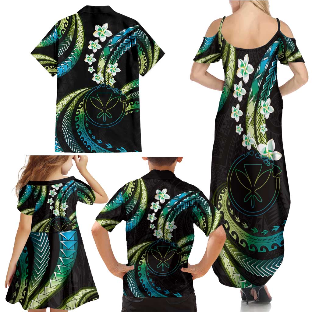 Hawaii Map Kanaka Maoli Family Matching Summer Maxi Dress and Hawaiian Shirt Fantastic Frangipani Chartreuse Cyan LT01 - Polynesian Pride