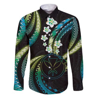 Hawaii Map Kanaka Maoli Family Matching Summer Maxi Dress and Hawaiian Shirt Fantastic Frangipani Chartreuse Cyan LT01 Dad's Shirt - Long Sleeve Cyan - Polynesian Pride