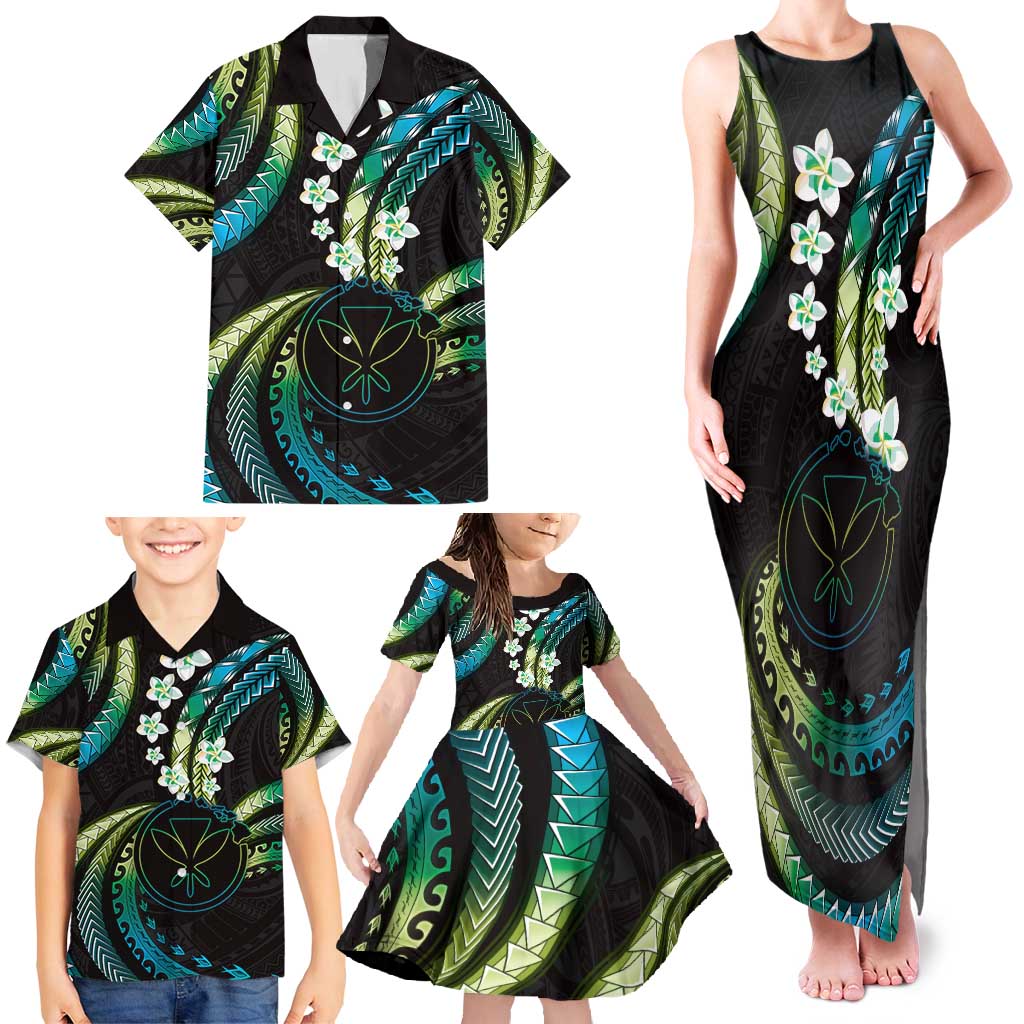 Hawaii Map Kanaka Maoli Family Matching Tank Maxi Dress and Hawaiian Shirt Fantastic Frangipani Chartreuse Cyan LT01 - Polynesian Pride