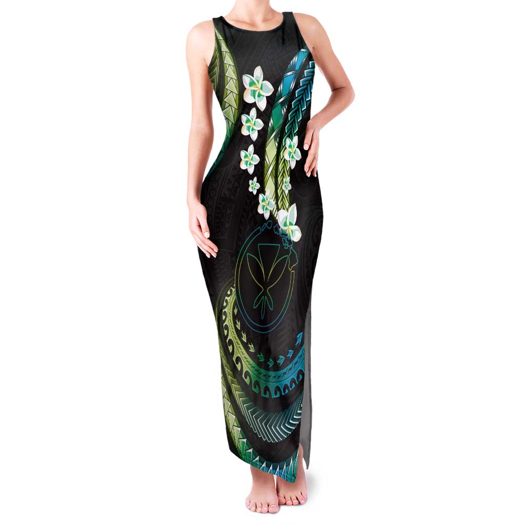 Hawaii Map Kanaka Maoli Family Matching Tank Maxi Dress and Hawaiian Shirt Fantastic Frangipani Chartreuse Cyan LT01 Mom's Dress Cyan - Polynesian Pride