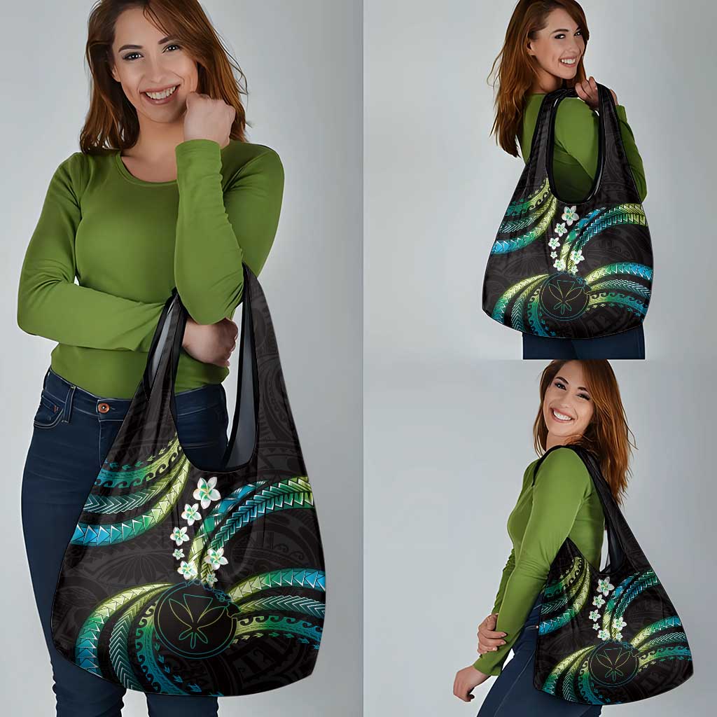 Hawaii Map Kanaka Maoli Grocery Bag Fantastic Frangipani Chartreuse Cyan