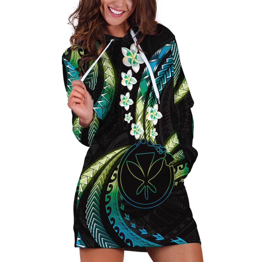 Hawaii Map Kanaka Maoli Hoodie Dress Fantastic Frangipani Chartreuse Cyan LT01 Cyan - Polynesian Pride