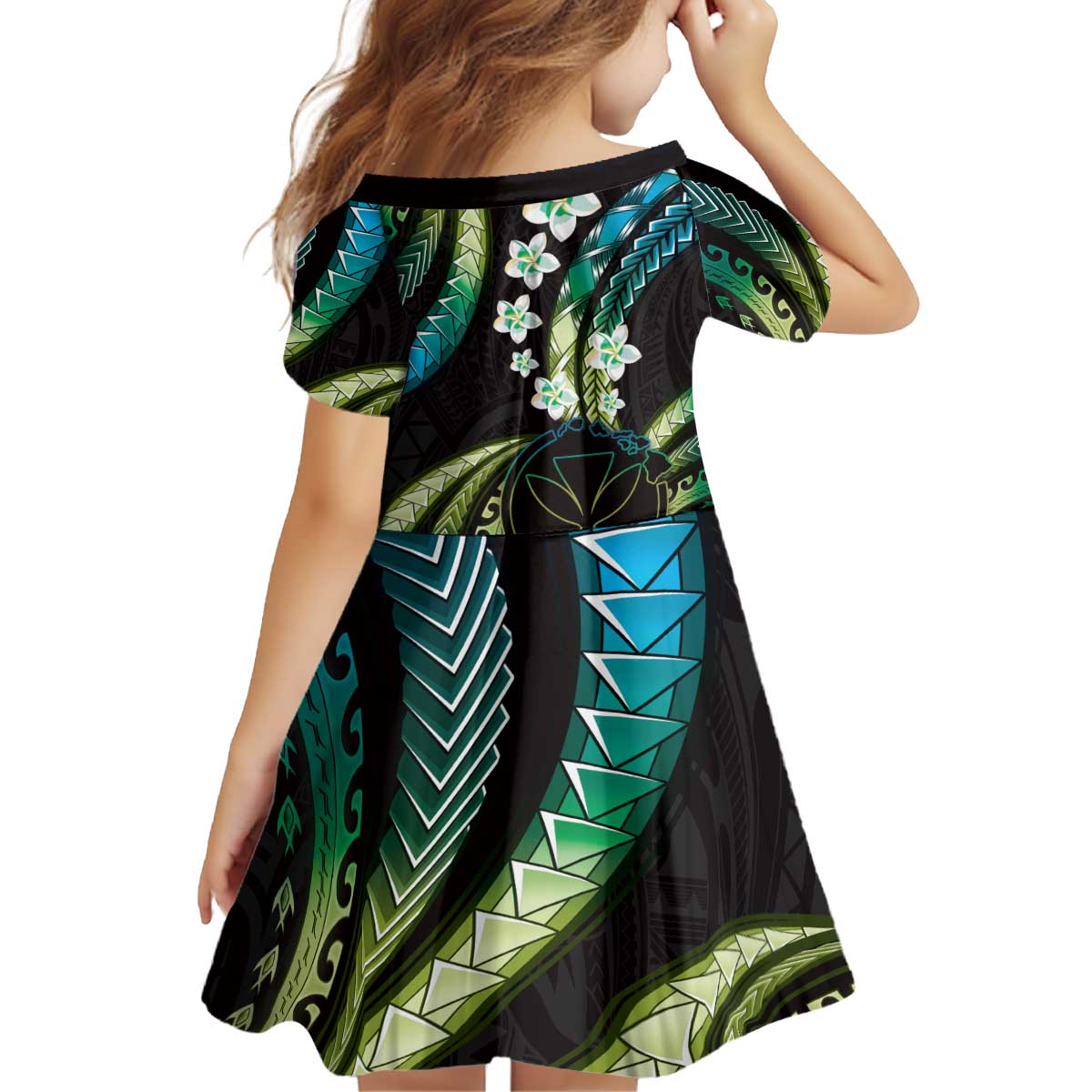 Hawaii Map Kanaka Maoli Kid Short Sleeve Dress Fantastic Frangipani Chartreuse Cyan