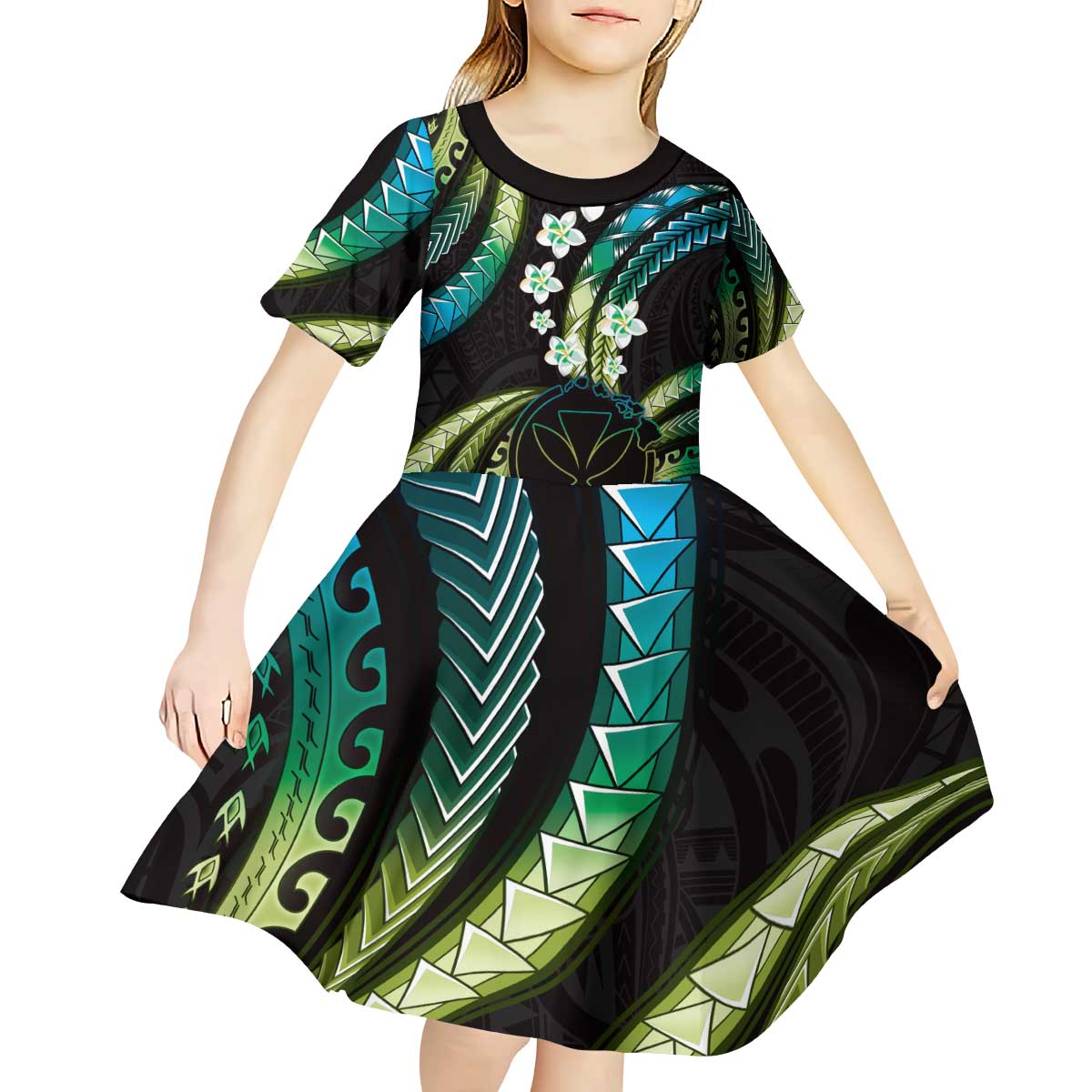 Hawaii Map Kanaka Maoli Kid Short Sleeve Dress Fantastic Frangipani Chartreuse Cyan