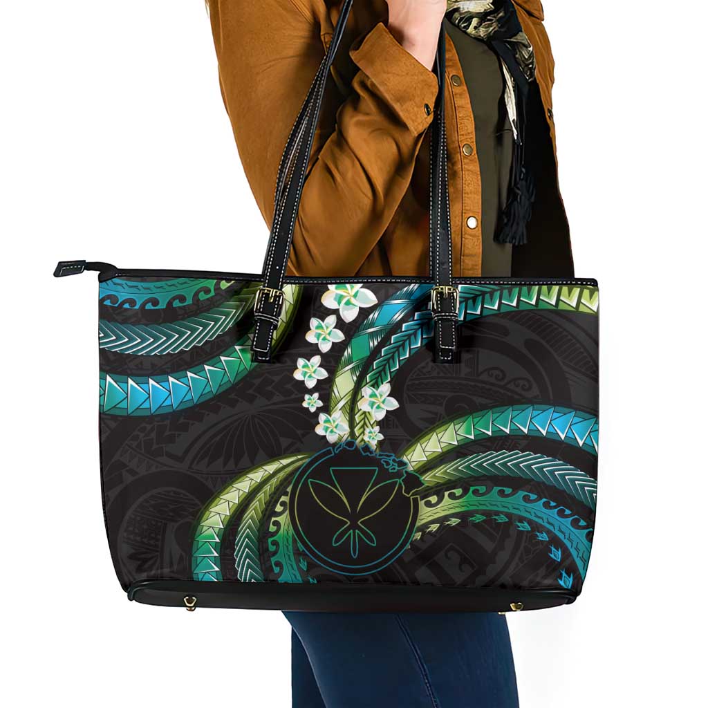 Hawaii Map Kanaka Maoli Leather Tote Bag Fantastic Frangipani Chartreuse Cyan