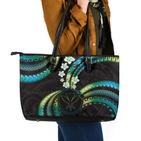 Hawaii Map Kanaka Maoli Leather Tote Bag Fantastic Frangipani Chartreuse Cyan