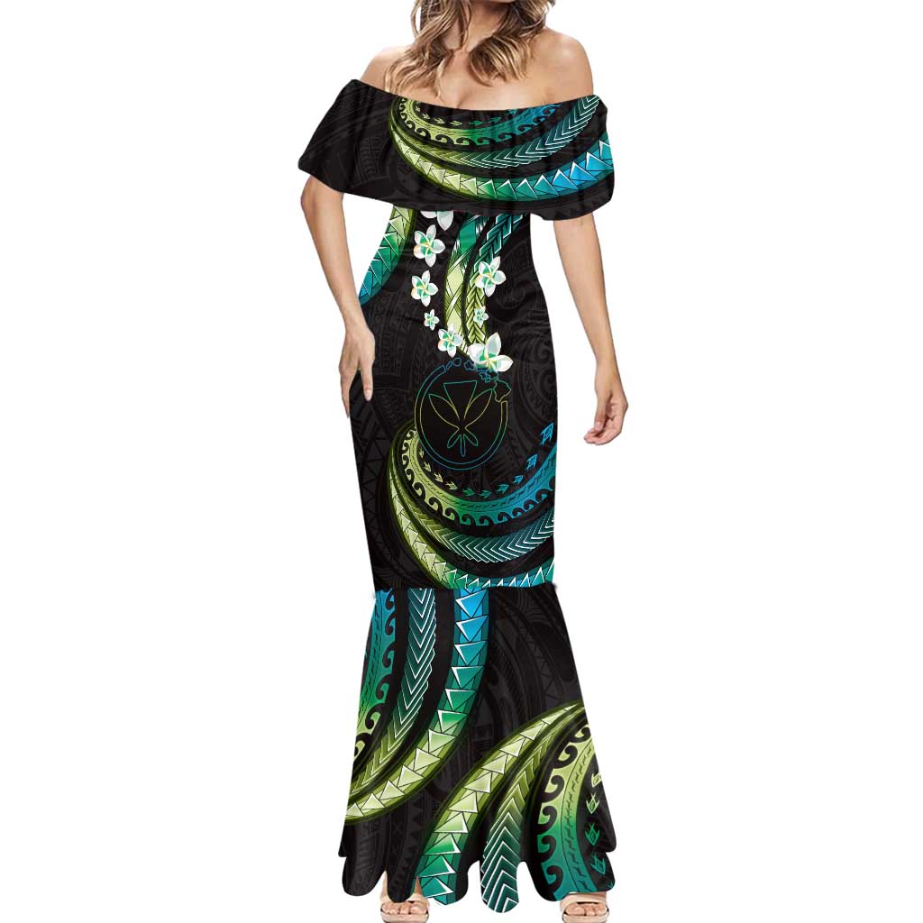 Hawaii Map Kanaka Maoli Mermaid Dress Fantastic Frangipani Chartreuse Cyan