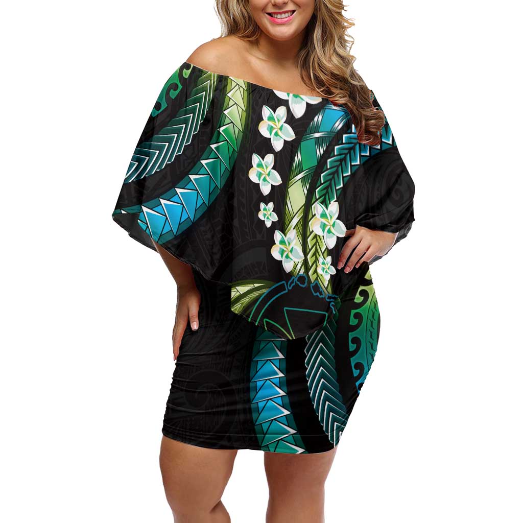 Hawaii Map Kanaka Maoli Off Shoulder Short Dress Fantastic Frangipani Chartreuse Cyan