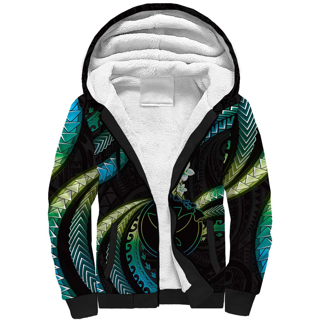 Hawaii Map Kanaka Maoli Sherpa Hoodie Fantastic Frangipani Chartreuse Cyan
